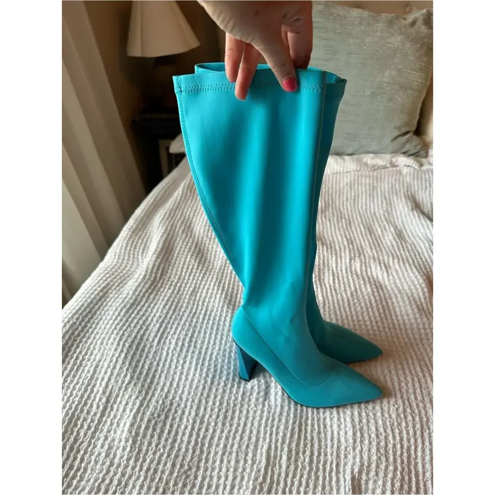 Azalea Wang Estate 75 Turquoise Knee High Boots Pointed Toe Sz 7.5 EU 38